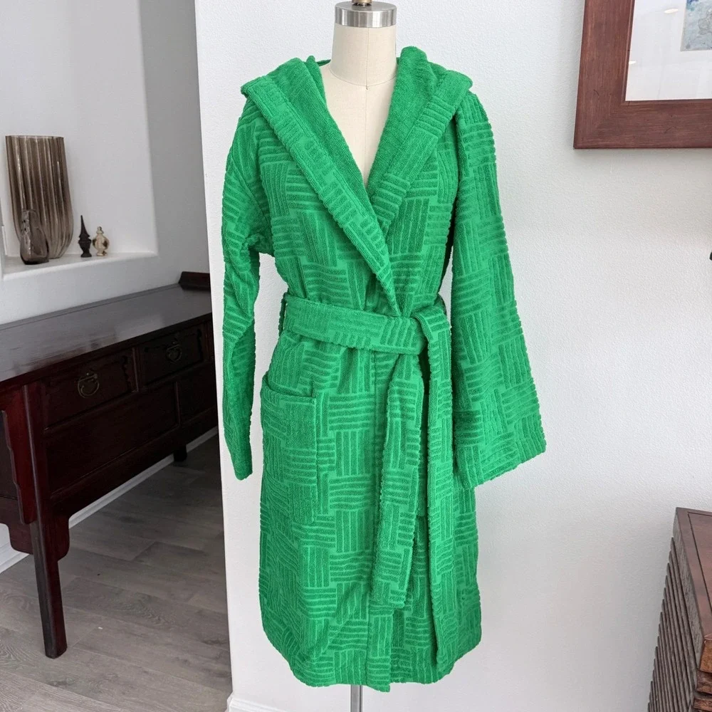Bottega‎ Veneta Women's Terry Bath Robe Green w/hood Medium 656096 Italy